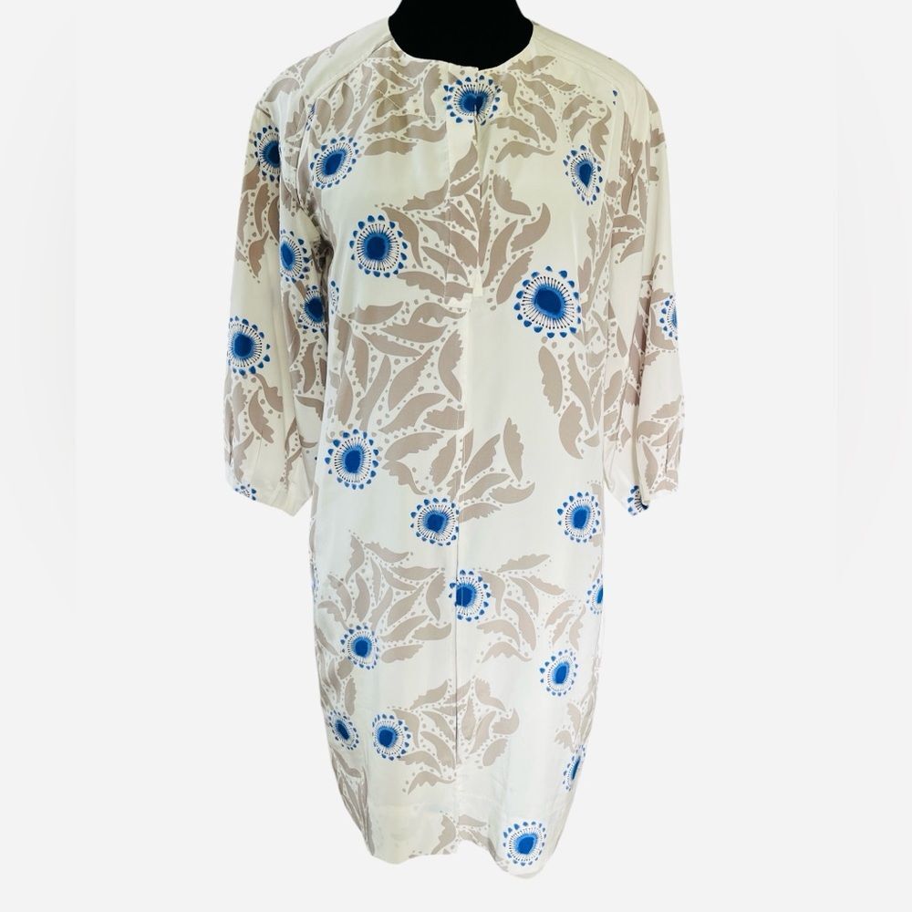 Diane von Furstenberg Kimono Dress Size 4 Blue Tan Floral 100% Silk Fully Lined